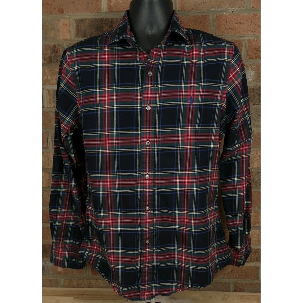 Polo Ralph Lauren Shirt Mens Medium Black Red Plaid Button Up Slim Fit Cotton